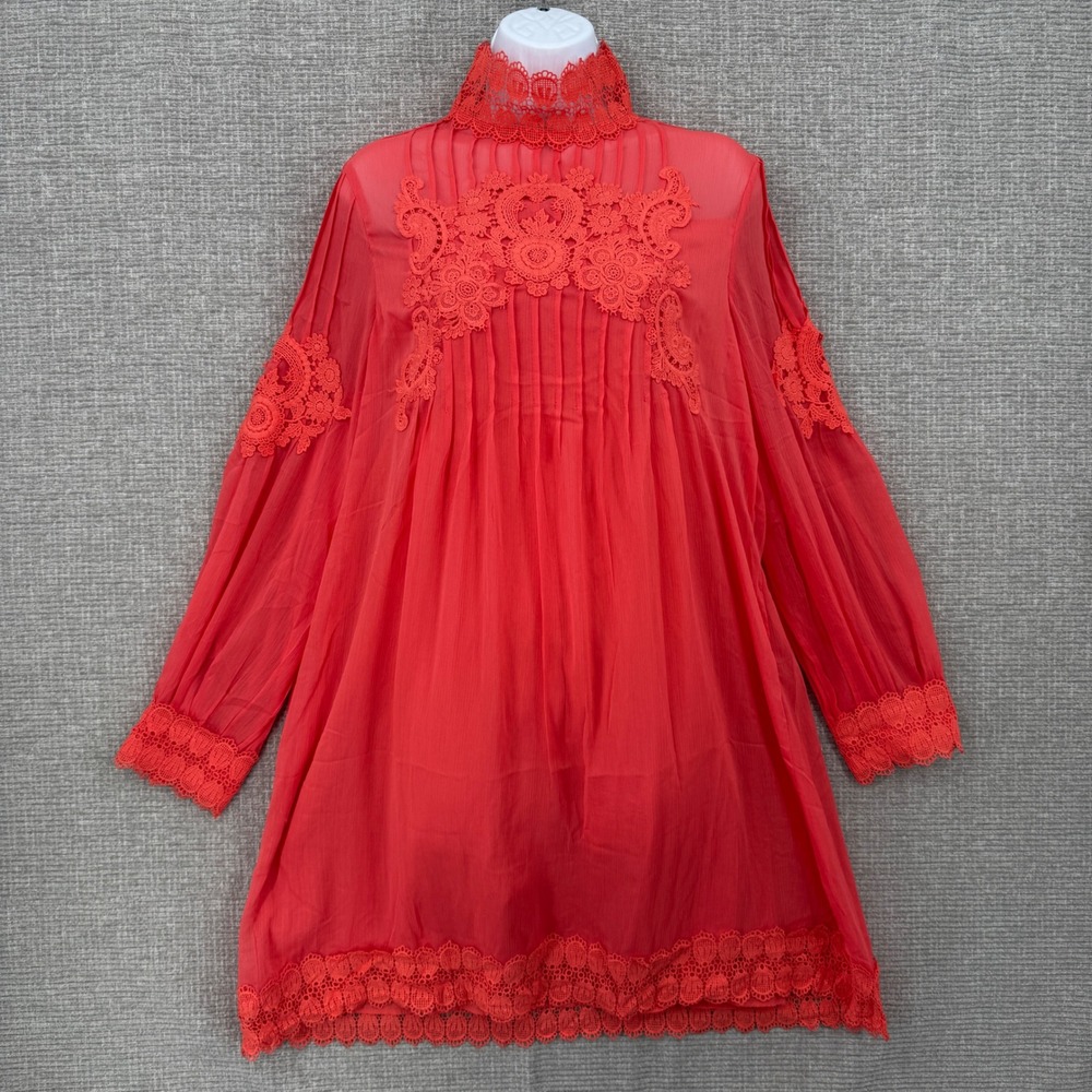 Trish Scully Lace Applique Mock Neck Mini Dress Women 8 Coral Boho Resort